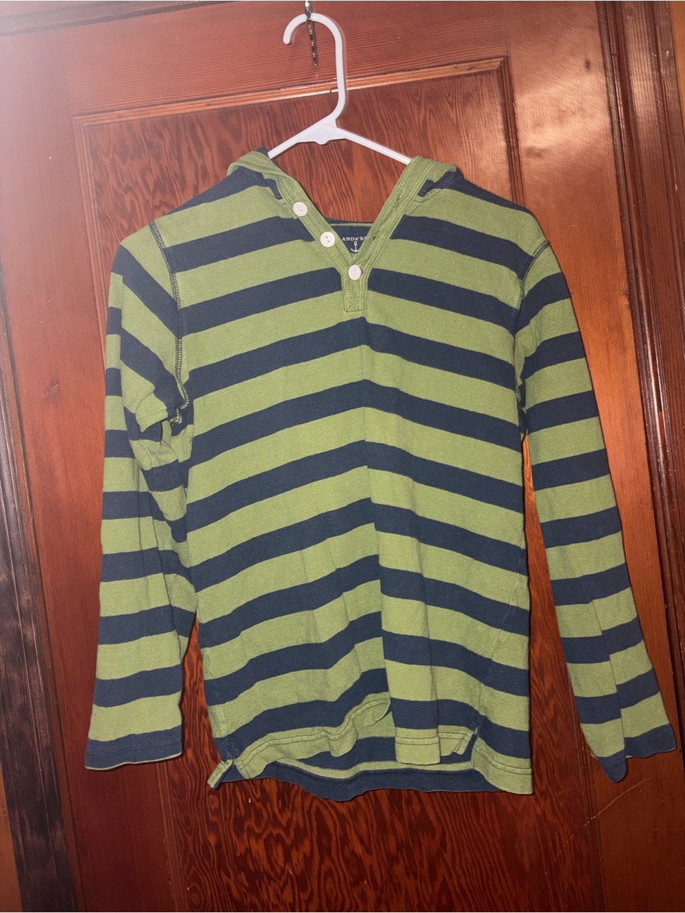 Vintage Lands' End Boys' Green & Navy Striped Hooded Henley